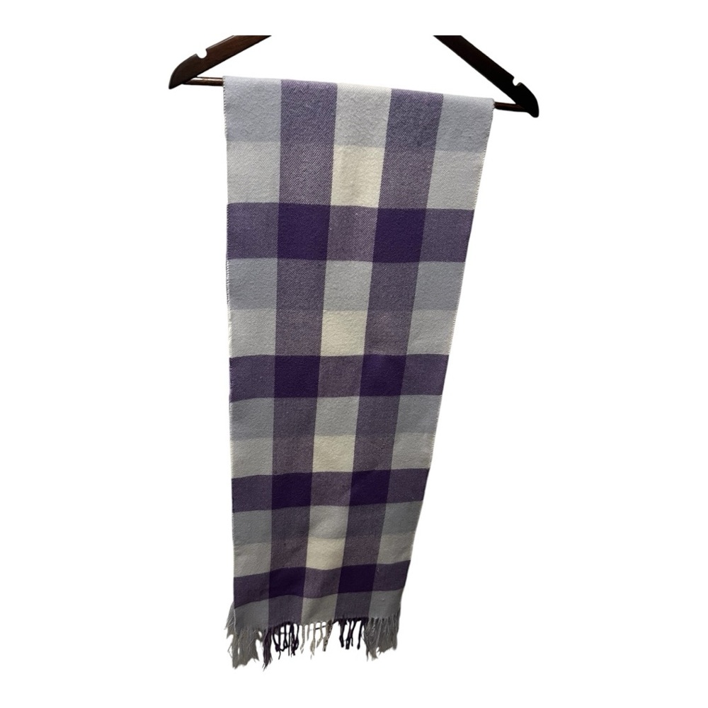 ITALY DESIGN 100% CASHMERE LAVENDER PURPLE WHITE PLAID FRINGE SCARF - Picture 4 of 10